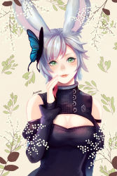 Rule 34 | 1girl, animal ears, armband, artist name, warrior of light (ff14), bare shoulders, breasts, butterfly hair ornament, cleavage, cleavage cutout, closed mouth, clothing cutout, detached sleeves, eyelashes, final fantasy, final fantasy xiv, green eyes, hair ornament, hand up, highres, juliet sleeves, large breasts, lips, long sleeves, mizoreame, pink lips, puffy sleeves, rabbit ears, short hair, silver hair, smile, solo, upper body, viera