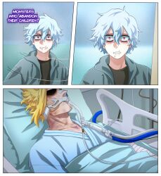Rule 34 | 2boys, all might, bed, black shirt, blanket, blonde hair, boku no hero academia, bruise, commentary, english commentary, english text, grey hair, grey jacket, hair between eyes, highres, hospital, hospital bed, hospital gown, injury, jacket, looking at viewer, male focus, mole, mole under mouth, motion lines, multiple boys, open clothes, open jacket, pillow, portrait, red eyes, scar, scar on face, shigaraki tomura, shirt, short hair, tearing up, teeth, trevo (trevoshere), yagi toshinori