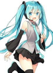 Rule 34 | 1girl, aqua eyes, aqua hair, bare shoulders, black thighhighs, boots, detached sleeves, hatsune miku, headset, long hair, looking at viewer, necktie, open mouth, skirt, sleeveless, smile, solo, thigh boots, thighhighs, tika (mika4975), twintails, very long hair, vocaloid