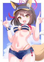 Rule 34 | 1girl, absurdres, animal ear fluff, animal ears, arms up, bikini, bikini under clothes, blue archive, breasts, brown eyes, brown hair, cloud, cutoffs, denim, denim shorts, double fox shadow puppet, fang, fox ears, fox girl, fox shadow puppet, fox tail, gluteal fold, halo, highres, izuna (blue archive), izuna (swimsuit) (blue archive), looking at viewer, m/, medium breasts, navel, open fly, open mouth, outdoors, shadow puppet, short hair, short shorts, shorts, sky, slumpa, smile, solo, striped bikini, striped clothes, swimsuit, tail, thighs, unbuttoned, visor cap