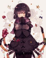 Rule 34 | 1girl, absurdres, ahoge, arthropod girl, black bow, black coat, black hair, black mittens, black pantyhose, bow, brown eyes, bug, candy, candy cane, christmas, christmas lights, christmas ornaments, coat, flower, food, gingerbread man, grey eyes, hair bow, heterochromia, highres, insect girl, long sleeves, looking at viewer, mittens, original, pantyhose, parted lips, rose, short hair, snake, spider, spider girl, white bow, y o u k a