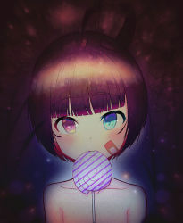 Rule 34 | 1girl, ahoge, bad id, bad pixiv id, bandaid, bandaid on cheek, bandaid on face, blue eyes, blunt bangs, brown hair, candy, closed mouth, collarbone, commentary request, food, food in mouth, hair bobbles, hair ornament, head tilt, highres, lollipop, looking at viewer, mouth hold, nude, original, red eyes, short hair, solo, swirl lollipop, teshu, upper body