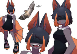 Rule 34 | 1girl, animal ears, bad id, bad pixiv id, bat (animal), bat ears, bat girl, bat wings, black dress, black hair, colored inner hair, colored skin, covered eyes, dress, english text, facing viewer, fang, fang out, full body, gomulgong, grey skin, grin, highres, monster girl, multicolored hair, multiple views, open mouth, orange hair, orange shorts, original, personification, pleated dress, sandals, sharp teeth, short hair, shorts, sleeveless, sleeveless dress, smile, streaked hair, teeth, toeless footwear, tongue, tongue out, two-tone hair, upper body, white background, winged arms, wings