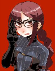 Rule 34 | 1girl, adjusting eyewear, asymmetrical bangs, ayame hashinimasen, black-framed eyewear, breasts, brown hair, commentary request, covered collarbone, ear piercing, eyebrows hidden by hair, fate/grand order, fate (series), furrowed brow, glasses, hand up, long hair, looking at viewer, medium breasts, multiple piercings, open mouth, piercing, pinstripe pattern, red background, red eyes, ribbon trim, ringed eyes, sideways mouth, simple background, solo, striped, upper body, v-shaped eyebrows, very long hair, yu mei-ren (fate), yu mei-ren (first ascension) (fate)