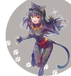 Rule 34 | 1girl, black hair, black panther (film), blake belladonna, bodysuit, bow, cat tail, claws, cosplay, hair bow, highres, iesupa, killmonger, long hair, marvel, marvel cinematic universe, rwby, solo, tail, yellow eyes
