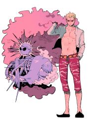 Rule 34 | 2boys, aged down, artist request, blonde hair, brothers, cape, capri pants, cigarette, coat, donquixote doflamingo, donquixote rocinante, hair over eyes, hand in pocket, highres, leg hair, makeup, male focus, multiple boys, muscular, muscular male, one piece, open clothes, orange-tinted eyewear, pants, pink coat, shirt, short hair, siblings, smoke, standing, sunglasses, third-party source, tinted eyewear, white-framed eyewear, white background, white shirt