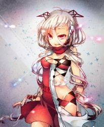 Rule 34 | 1girl, asymmetrical clothes, breasts, dress, covered erect nipples, headset, illil, inpr, long hair, museca, red dress, red eyes, scarf, silver hair, small breasts, solo, very long hair