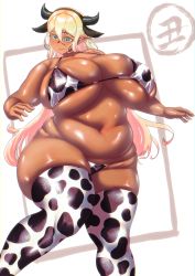 Rule 34 | 1girl, animal ears, animal print, belly, bikini, blonde hair, bra, breasts, bursting breasts, cleavage, cow ears, cow horns, cow print, dark-skinned female, dark skin, elf, fat, green eyes, hairband, highres, horns, huge breasts, illust syoubon, long hair, muffin top, open mouth, plump, pointy ears, solo, swimsuit, tan, thick thighs, thighhighs, thighs, underwear