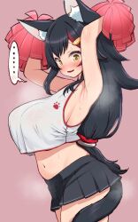 Rule 34 | ..., 1girl, @ @, animal ear fluff, animal ears, armpits, arms up, black hair, black skirt, blush, breasts, cheerleader, commentary request, highres, hololive, kani bonara, large breasts, long hair, microskirt, multicolored hair, navel, nose blush, ookami mio, open mouth, paw print, pleated skirt, pom pom (cheerleading), red hair, shirt, simple background, skirt, sleeveless, sleeveless shirt, solo, spoken ellipsis, stomach, streaked hair, sweat, tail, tail around own leg, virtual youtuber, wet, wet clothes, wet shirt, white shirt, wolf ears, wolf girl, wolf tail, yellow eyes