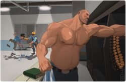 Rule 34 | 3boys, bara, beard stubble, belly, blu engineer (tf2), blu heavy (tf2), blu scout (tf2), buzz cut, engineer (tf2), facial hair, feet out of frame, from side, heavy (tf2), large pectorals, looking ahead, male focus, mature male, multiple boys, muscular, muscular male, mustache stubble, navel, navel hair, nipples, pants, pectorals, profile, protowilson, scout (tf2), short hair, solo focus, sparse chest hair, stomach, stubble, team fortress 2, thick eyebrows, topless male, very short hair