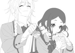 Rule 34 | 1boy, 1girl, ^ ^, archived source, bad id, bad twitter id, bag charm, blazer, bow, bowtie, braid, charm (object), closed eyes, collared shirt, cup, disposable cup, drinking, drinking straw, drinking straw in mouth, greyscale, hair ornament, heart, holding strap, image sample, jacket, king of prism, king of prism by prettyrhythm, long hair, long sleeves, monochrome, pretty rhythm, pretty series, rinne (pretty rhythm), school uniform, shine (pretty series), shirt, short hair, side braid, simple background, smile, twitter sample, upper body, white background, zashima
