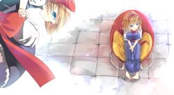 Rule 34 | 1girl, alice margatroid, barefoot, blonde hair, blue eyes, bow, capelet, chair, doll, dress, female focus, from above, hair bow, hairband, mito (calcomer), shanghai doll, sitting, solo, touhou