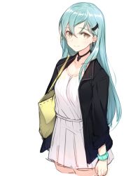 Rule 34 | 10s, 1girl, alternate costume, alternate eye color, aqua hair, bag, battle koala, black jacket, breasts, casual, dress, earrings, hair ornament, hairclip, handbag, highres, jacket, jewelry, kantai collection, long hair, long sleeves, looking at viewer, medium breasts, necklace, short dress, simple background, skirt, solo, suzuya (kancolle), watch, white background, white dress, wristwatch, yellow eyes