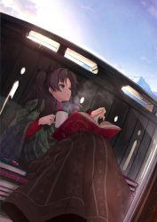 Rule 34 | 1girl, bad id, bad twitter id, blanket, bloom, blue eyes, book, comfy, cup, fate/stay night, fate (series), holding, holding cup, miruto netsuki, mountain, mug, smile, steam, sun, tohsaka rin, twintails