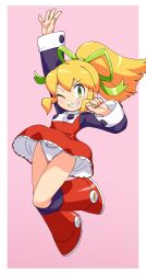 Rule 34 | 1girl, absurdres, animalmaster, arm up, blonde hair, bow, bowtie, commentary request, frills, full body, green eyes, green ribbon, grin, hair ribbon, happy, highres, long hair, mega man (classic), mega man (series), one eye closed, panties, pillarboxed, pink background, ponytail, red bow, red bowtie, red skirt, ribbon, roll (mega man), skirt, smile, solo, teeth, underwear, white panties