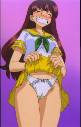 Rule 34 | 00s, 1990s (style), 1girl, blush, bow, bow panties, cameltoe, clothes lift, forced smile, green neckerchief, lifted by self, mizuki miku, neckerchief, panties, purple background, retro artstyle, screencap, skirt, skirt lift, solo, underwear, usagi-chan de cue, white panties