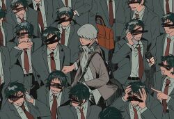 6+boys adachi_tooru bag belt black_belt black_hair black_jacket black_pants black_suit briefcase cellphone censored clenched_teeth clone clutching_head collared_shirt crowd dress_shirt flip_phone formal frown grey_eyes grey_hair grey_jacket grimace grin hair_over_one_eye hamusitas hands_on_own_head holding holding_briefcase holding_phone identity_censor jacket long_sleeves looking_at_viewer male_focus multiple_boys narukami_yuu necktie open_clothes open_jacket pants persona persona_4 phone pointing pointing_at_another red_necktie scribble_censor shirt short_hair shoulder_bag smile standing suit surrounded sweat talking_on_phone tearing_up teeth white_shirt wiping_mouth