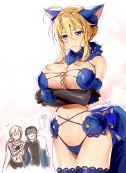 Rule 34 | 1girl, agravain (fate), ahoge, animal ears, artoria pendragon (fate), artoria pendragon (lancer) (fate), bare shoulders, bedivere (fate), blonde hair, braid, breasts, cosplay, elbow gloves, fate/grand order, fate (series), fur, fur-trimmed gloves, fur-trimmed legwear, fur collar, fur trim, gloves, green eyes, highres, lace, lace-trimmed legwear, lace trim, large breasts, mash kyrielight, mash kyrielight (dangerous beast), mash kyrielight (dangerous beast) (cosplay), murakami yuichi, navel, o-ring, o-ring top, official alternate costume, solo, tail, thighhighs