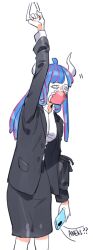 Rule 34 | 1girl, ahoge, alternate costume, bags under eyes, black jacket, black skirt, blue hair, cellphone, covered mouth, curled horns, dinosaur girl, dress shirt, formal, holding, holding phone, horns, jacket, long hair, mask, mouth mask, multicolored hair, office lady, one piece, pencil skirt, phone, pink hair, pink mask, raine (acke2445), shirt, shirt tucked in, simple background, skirt, smartphone, solo, streaked hair, suit, ulti (one piece), white background, white shirt