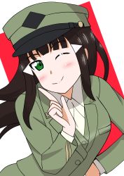 Rule 34 | 1girl, ;), absurdres, artist name, artist request, black hair, blunt bangs, cardigan, close-up, collared shirt, female focus, floating hair, green cardigan, green eyes, green jacket, hair ornament, hairclip, hand on own hip, hat, highres, jacket, kurosawa dia, long hair, long sleeves, looking at viewer, love live!, love live! sunshine!!, mole, mole under mouth, one eye closed, peaked cap, shirt, smile, solo, upper body, white shirt, wink