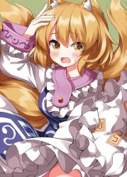 Rule 34 | 1girl, animal ears, animal hat, blonde hair, blue tabard, blush, breasts, commentary request, dress, fox ears, frilled dress, frilled hat, frills, hat, highres, long sleeves, mob cap, ofuda, ofuda on clothes, open mouth, ruu (tksymkw), short hair, small breasts, solo, surprised, tabard, touhou, unworn hat, unworn headwear, upper body, white dress, wide sleeves, yakumo ran, yellow eyes, yellow tail