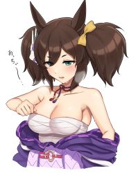 Rule 34 | 1girl, absurdres, animal ears, bare shoulders, breasts, breath, brown hair, cleavage, clothes down, fox mask, hair between eyes, hair ornament, highres, horse ears, horse girl, hukahito, inari one (umamusume), japanese clothes, jewelry, kimono, large breasts, looking down, mask, mask on head, necklace, open mouth, purple kimono, ribbon, sarashi, simple background, sweat, twintails, umamusume, white background, yellow ribbon