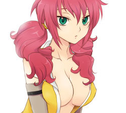 Rule 34 | 00s, 1girl, breasts, cleavage, feldt grace, green eyes, gundam, gundam 00, large breasts, lowres, open clothes, open shirt, pink hair, plum (arch), shirt, simple background, solo, twintails, upper body