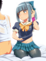 Rule 34 | 10s, 1boy, 1girl, admiral (kancolle), ass, back, black pantyhose, blue hair, blue skirt, blush, bottomless, bow, clothes lift, green eyes, hair bow, hyudora, kantai collection, looking at another, midriff, naked shirt, navel, neckerchief, pantyhose, parted lips, pleated skirt, puffy short sleeves, puffy sleeves, ruffling hair, school uniform, see-through, seiza, serafuku, shirt, shirt lift, short sleeves, sitting, skirt, sweat, tank top, thick thighs, thighs, white background, white shirt, wristband, yuubari (kancolle)