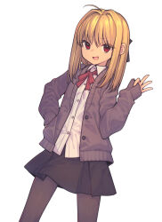 Rule 34 | 1girl, black pantyhose, black skirt, blonde hair, buttons, cardigan, collared shirt, commentary, cowboy shot, cowlick, dress shirt, dutch angle, everyntrge, grey cardigan, hair intakes, hand on own hip, hand up, highres, long sleeves, looking at viewer, medium hair, open mouth, original, pantyhose, red eyes, red ribbon, ribbon, shirt, sidelocks, simple background, skirt, smile, solo, standing, untucked shirt, white background, white shirt