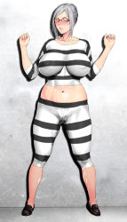 Rule 34 | 10s, 1girl, blush, breasts, cleavage, clenched teeth, covered erect nipples, curvy, closed eyes, female focus, glasses, grey hair, hair bun, hands up, huge breasts, hyji, long hair, no bra, partially visible vulva, prison school, pussy juice, pussy juice stain, pussy juice trail, school uniform, shiraki meiko, shoes, single hair bun, solo, spread legs, standing, sweat, teeth, thick thighs, thighs, uniform, wide hips