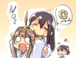 Rule 34 | 10s, 3girls, ^^^, ahoge, akagi (kancolle), bad id, bad pixiv id, black hair, brown hair, commentary request, crying, crying with eyes open, doughnut, eating, engiyoshi, food, hair bun, hair ornament, hairband, kaga (kancolle), kantai collection, kongou (kancolle), long hair, multiple girls, open mouth, side ponytail, single hair bun, spoken object, surprised, sweat, tears