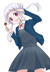 Rule 34 | 1girl, absurdres, arashi chisato, artist name, artist request, belt, blue cardigan, blue jacket, blush, bow, bowtie, breasts, buttons, cardigan, collared shirt, cropped jacket, double bun, dress, dress shirt, female focus, floating hair, food, grey belt, grey shirt, grey skirt, hair bun, hair tie, highres, jacket, long hair, long sleeves, looking at viewer, love live!, love live! superstar!!, miniskirt, neck ribbon, o-ring, o-ring belt, parted lips, plaid, plaid skirt, pleated, pleated skirt, red bow, red eyes, red ribbon, ribbon, salute, school uniform, shirt, skirt, small breasts, smile, solo, takoyaki, twintails, wavy hair, white background, white hair, white shirt, wing collar, yuigaoka school uniform