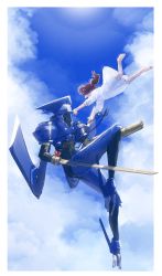 Rule 34 | 1boy, 1girl, android, asagi marin, barefoot, blade, blue skin, blue sky, brigadoon, brown hair, closed mouth, cloud, cloudy sky, colored skin, dress, closed eyes, film grain, highres, melan blue, onieitomakiei, open mouth, outdoors, ponytail, red eyes, sky, smile, weapon, white dress, wings