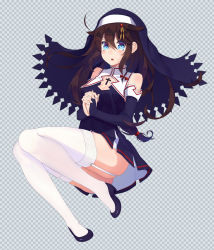 Rule 34 | 10s, 1girl, adapted costume, ahoge, asatsuki sora, bare shoulders, blue eyes, blush, braid, brown hair, center opening, cross, cross necklace, detached sleeves, dress, garter straps, habit, hair flaps, hair over shoulder, high heels, jewelry, kantai collection, long hair, looking at viewer, navel, necklace, nun, open mouth, own hands clasped, own hands together, shigure (kancolle), shigure kai ni (kancolle), single braid, solo, thighhighs, white thighhighs