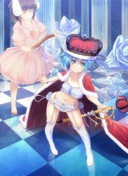 Rule 34 | 2girls, barefoot, blue bra, blue eyes, blue hair, blue nails, blue panties, bra, cape, carrot, carrot necklace, checkered floor, cirno, clothes hanger, crown, floor, garter belt, garter straps, grin, highres, ice, ice wings, inaba tewi, jewelry, liking, lingerie, looking at viewer, multiple girls, nail polish, necklace, panties, reflection, short hair, smile, sword, thighhighs, touhou, underwear, underwear only, weapon, white legwear, white panties, wings