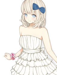 Rule 34 | 1girl, bad id, bad pixiv id, bare shoulders, blonde hair, blue bow, blue eyes, blush, bow, dress, female focus, hair bow, highres, looking at viewer, original, shimamuucho, short hair, simple background, smile, solo, strapless, strapless dress, white background, white dress