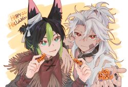 Rule 34 | 2boys, alternate costume, black hair, candy, commentary request, cyno (genshin impact), english text, erhuo, food, genshin impact, green eyes, green hair, grey hair, halloween, halloween costume, holding, holding candy, holding food, long hair, looking at viewer, male focus, multicolored hair, multiple boys, red eyes, short hair, smile, tighnari (genshin impact), torn clothes, upper body