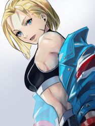 Rule 34 | 1girl, absurdres, blonde hair, blue eyes, cammy white, facial scar, highres, jacket, leather, leather jacket, meke (77842928), open clothes, open jacket, scar, scar on cheek, scar on face, simple background, solo, street fighter, street fighter 6