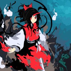 Rule 34 | 1girl, black hair, closed mouth, commentary request, fire, flat chest, highres, horns, kaigen 1025, konngara (touhou), long sleeves, red eyes, red horns, red skirt, red vest, ribbon, shirt, single horn, sketch, skirt, solo, touhou, touhou (pc-98), vest, white fire, white ribbon, white shirt