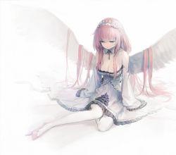 Rule 34 | 1girl, absurdly long hair, angel, angel wings, azur lane, bare shoulders, breasts, cleavage, closed mouth, detached collar, detached sleeves, dress, feathered wings, hair spread out, large breasts, long hair, long sleeves, pantyhose, perseus (azur lane), pink eyes, pink footwear, pink hair, shoes, simple background, sitting, solo, spread wings, very long hair, wasabi60, white background, white dress, white pantyhose, wings