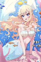 Rule 34 | 1girl, absurdres, air bubble, armband, blonde hair, blue eyes, blush, braid, breasts, bubble, cleavage, clownfish, collarbone, coral, earrings, fish, grk 11601, highres, idolmaster, idolmaster cinderella girls, jewelry, long hair, looking at viewer, medium breasts, mermaid, monster girl, monsterification, necklace, ocean, ohtsuki yui, open mouth, scales, seashell, shell, shell bikini, shell earrings, shell necklace, smile, underwater, wavy hair