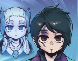 Rule 34 | 1boy, 1girl, alune (league of legends), aphelios, black hair, blue eyes, braid, brother and sister, closed mouth, expressionless, facial mark, hair ornament, league of legends, looking at viewer, phantom ix row, portrait, short hair, siblings, star (symbol), starry background