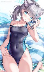 Rule 34 | 1girl, adjusting clothes, adjusting swimsuit, animal ear fluff, animal ears, bare legs, bare shoulders, barefoot, black one-piece swimsuit, blue archive, blue eyes, blue halo, blush, bottle, bottle to cheek, breasts, collarbone, competition swimsuit, covered navel, cross, cross hair ornament, day, earrings, extra ears, fujima takuya, grey hair, hair ornament, halo, highleg, highleg swimsuit, holding, holding bottle, innertube, inverted cross, jewelry, looking at viewer, low ponytail, medium breasts, medium hair, mismatched pupils, multicolored clothes, multicolored swimsuit, ocean, off shoulder, official alternate costume, one-piece swimsuit, open mouth, outdoors, partially submerged, ramune, shiroko (blue archive), shiroko (swimsuit) (blue archive), sitting, solo, swim ring, swimsuit, two-tone swimsuit, water, wet, wet hair, wolf ears