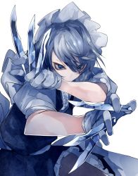 Rule 34 | 1girl, apron, between fingers, blue dress, blue eyes, center frills, covered mouth, cowboy shot, dress, frills, gloves, grey pantyhose, hair over one eye, highres, holding, holding knife, ikurauni, izayoi sakuya, knife, leaning forward, maid, maid apron, maid headdress, pantyhose, puffy sleeves, short hair, silver hair, simple background, solo, swept bangs, throwing knife, touhou, upper body, v-shaped eyebrows, weapon, white background, white gloves