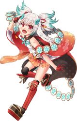 Rule 34 | aqua hair, bare shoulders, cape, detached sleeves, fang, gloves, hair flaps, half gloves, hand up, highres, leg armor, magatama hair ornament, mikage baku, miniskirt, multicolored hair, ok sign, open mouth, outstretched arm, platform footwear, red eyes, running, skirt, tenka hyakken, thick eyebrows, thighhighs, tsuda echizen-no-kami sukehiro, two-tone hair, white hair, wide sleeves