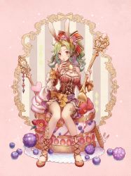 Rule 34 | 1girl, animal, animal ears, bare shoulders, blueberry, bow, breasts, rabbit, rabbit ears, corset, detached sleeves, dress, earrings, easter, easter egg, egg, final fantasy, final fantasy vi, finger to mouth, flower, flower tattoo, food, fork, fruit, green hair, hair flower, hair intakes, hair ornament, hands up, happy easter, heart, highres, jewelry, long hair, long sleeves, looking at viewer, medium breasts, oversized object, pantyhose, polka dot, polka dot bow, ponytail, purple eyes, purple flower, red dress, red footwear, red ribbon, ribbon, sasanomesi, shoes, short dress, sitting, solo, star (symbol), strapless, strapless dress, strawberry, tattoo, tina branford, wavy hair, yellow bow, yellow flower