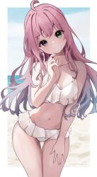 Rule 34 | 1girl, absurdres, ahoge, beach, bikini, breasts, closed mouth, collarbone, crescent, crescent earrings, day, dot nose, earrings, frilled bikini, frills, gradient hair, green eyes, hand up, head tilt, heterochromia, highres, himemori luna, hololive, jewelry, long hair, multicolored hair, navel, outdoors, pink hair, purple eyes, purple hair, scarlet (wv0102), small breasts, smile, solo, stomach, swimsuit, thighs, virtual youtuber, white bikini