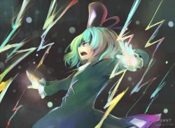 Rule 34 | 1girl, artist name, attack, black ribbon, blonde hair, dated, dress, electricity, from side, green dress, green eyes, hat, hat ribbon, ichiba youichi, light particles, long sleeves, open mouth, ribbon, short hair, soga no tojiko, solo, tate eboshi, text focus, touhou