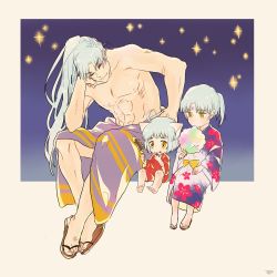 Rule 34 | 3boys, abs, ahoge, animal ears, awarinko, barefoot, brothers, commentary request, cotton candy, crescent, crescent facial mark, dog ears, eyeshadow, facial mark, father and son, floral print, food, food on face, forehead mark, grey hair, highres, inu no taishou, inuyasha, inuyasha (character), japanese clothes, kimono, makeup, multiple boys, muscular, muscular male, pointy ears, ponytail, print kimono, red eyeshadow, sandals, sesshoumaru, short hair, siblings, smile, whisker markings, yellow eyes, yukata