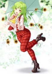 Rule 34 | 1girl, :d, aka tawashi, ankle boots, ascot, belt, blush, boots, breasts, brown footwear, commentary request, cross-laced footwear, flower, full body, green hair, green umbrella, hands up, head tilt, high heel boots, high heels, highres, holding, holding umbrella, kazami yuuka, kazami yuuka (pc-98), lace-up boots, large breasts, leaf, leg up, long sleeves, looking at viewer, open mouth, pants, plaid, plaid pants, plaid vest, red eyes, red pants, red vest, shadow, shirt, smile, solo, standing, standing on one leg, star (symbol), sunflower, thighs, touhou, touhou (pc-98), umbrella, vest, white shirt, wing collar, yellow ascot